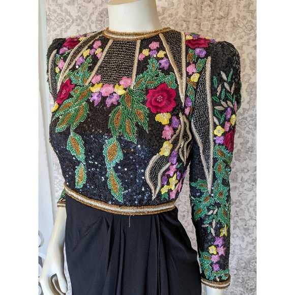 Richilene 1970s 1980s Floral Sequin Embroidered Beaded Gown - Picture 3 of 12
